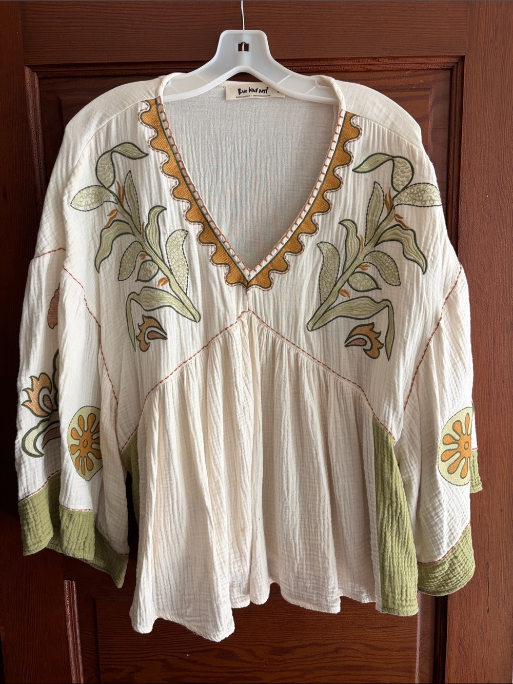 Three Bird Nest Cream Peasant Blouse with Green & Gold Floral Embroidery